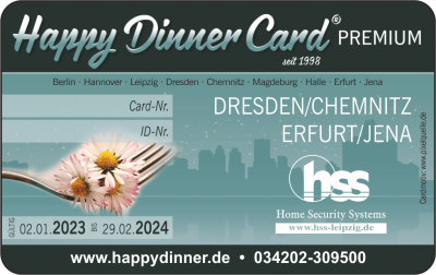 Happy Dinner Card PREMIUM Dresden/Chemnitz/Erfurt/Jena 2023/2024